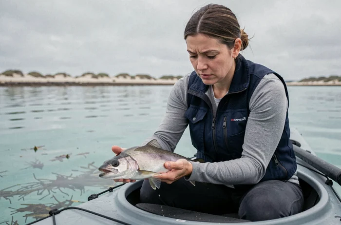 Pêcheuse en kayak tenant un poisson au-dessus d'une baie calme avant de le relâcher à l'eau