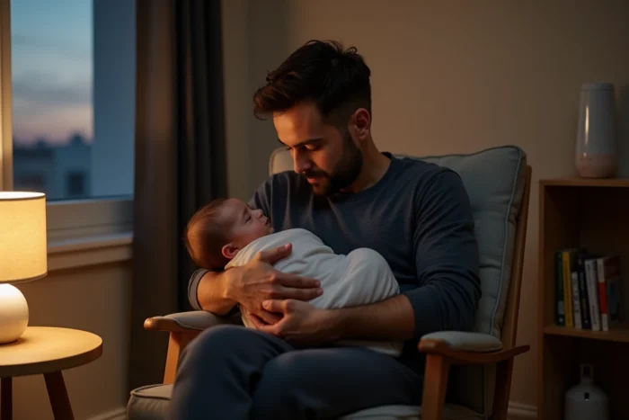 Père berçant son bébé endormi dans un rocking-chair lors d'une routine du coucher apaisante