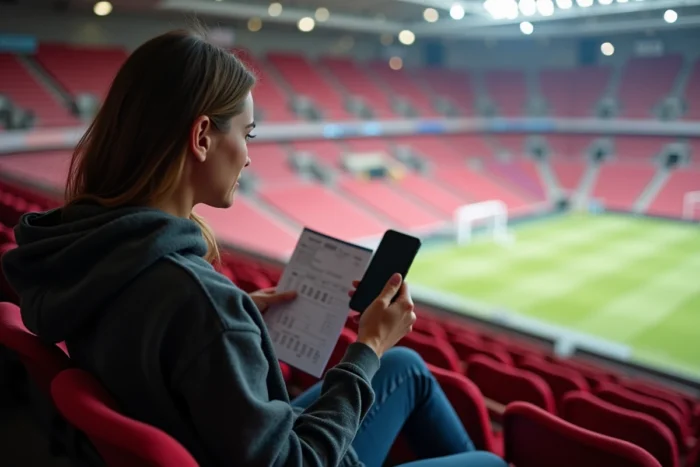 Femme assise dans les gradins de l'Accor Arena consultant un plan de placement pour choisir sa place