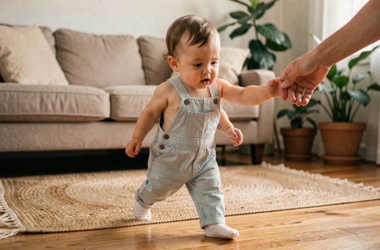 Bébé faisant ses premiers pas sur un parquet en bois dans un salon chaleureux, tendant la main vers un parent