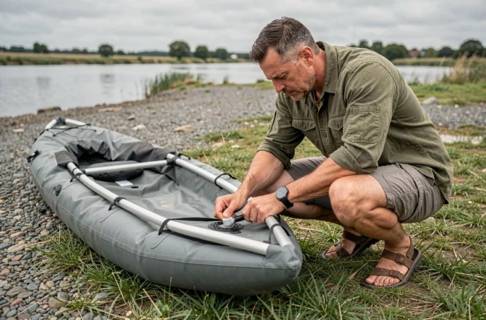 Homme gonflant et préparant le kayak Advanced Elements Lagoon 1 sur la berge d'une rivière