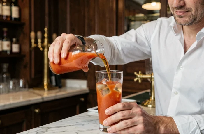 Barman versant du jus de tomate dans un verre de Ricard pastis au comptoir d'une brasserie parisienne