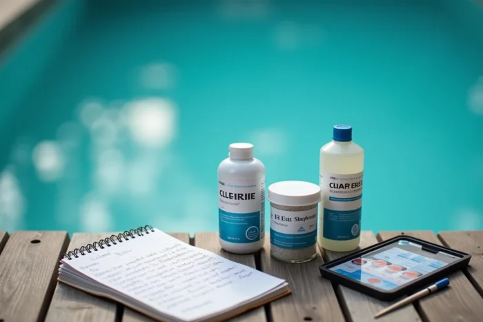 Produits d'entretien piscine clarifiant chlore et kit de test pH disposés sur une terrasse en bois