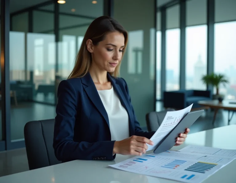 Une professionnelle de la finance consultant des documents bancaires et des graphiques financiers dans un bureau moderne en 2024