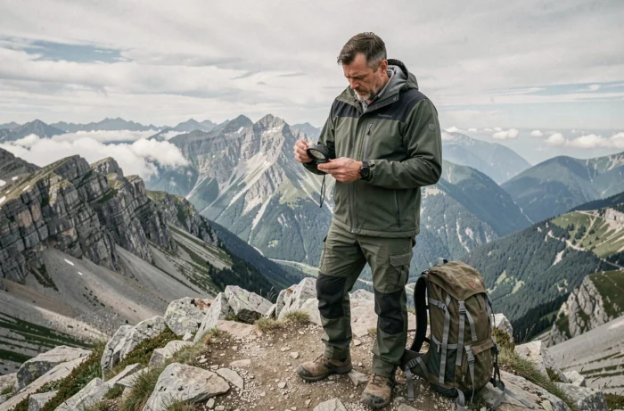 Randonneur en montagne consultant une boussole sur une crête alpine, idée de voyage aventure nature