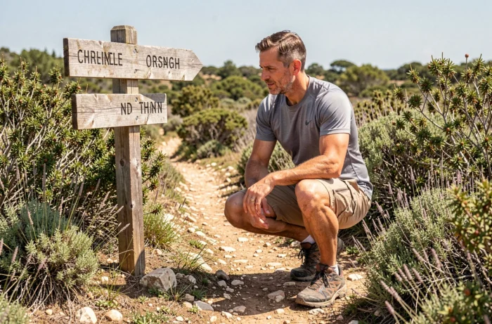Randonneur consultant un panneau de signalisation sur le sentier du Capu di Muru en Corse