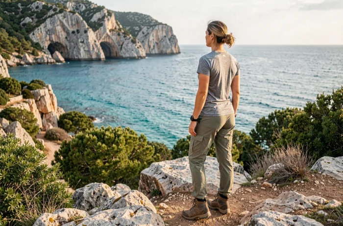 Randonneuse sur le sentier côtier du Capu di Muru en Corse avec vue sur la mer Méditerranée