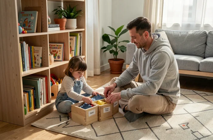 Père et fille rangeant ensemble les jouets et fournitures dans des bacs étiquetés dans le salon