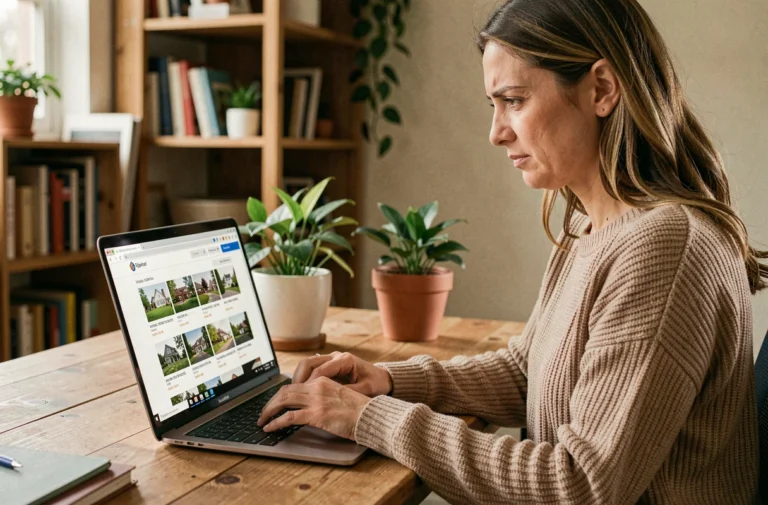 Femme cherchant d'anciennes annonces immobilières sur Le Bon Coin depuis un bureau à domicile