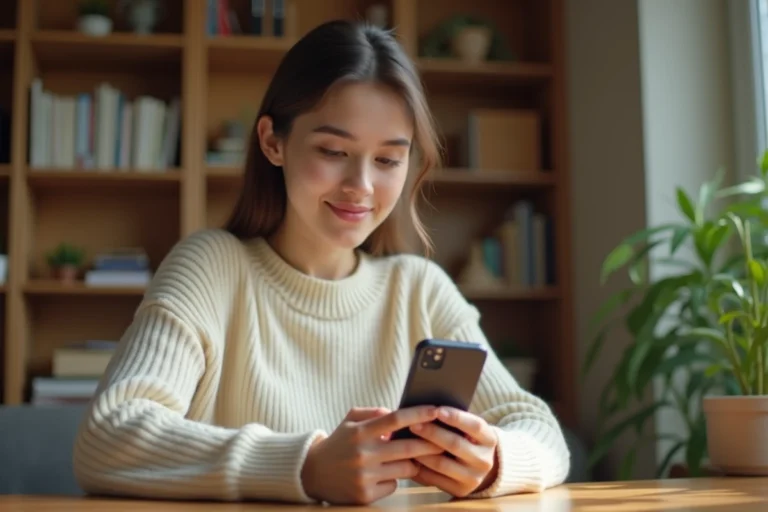 Jeune femme cherchant un utilisateur introuvable sur Instagram depuis son smartphone à son bureau à domicile