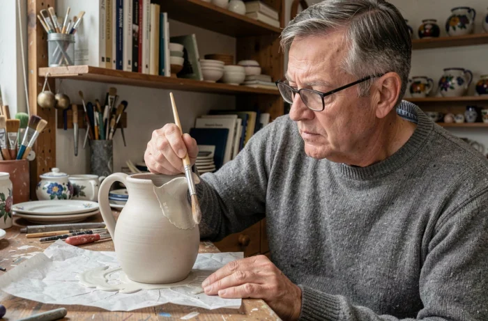 Artisan restaurant une pichet en faïence Henriot Quimper avec un pinceau dans un atelier de céramique