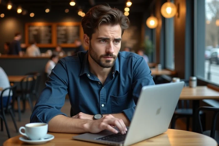 Homme consultant Instagram sur un ordinateur portable dans un café pour retrouver un profil après changement de pseudo