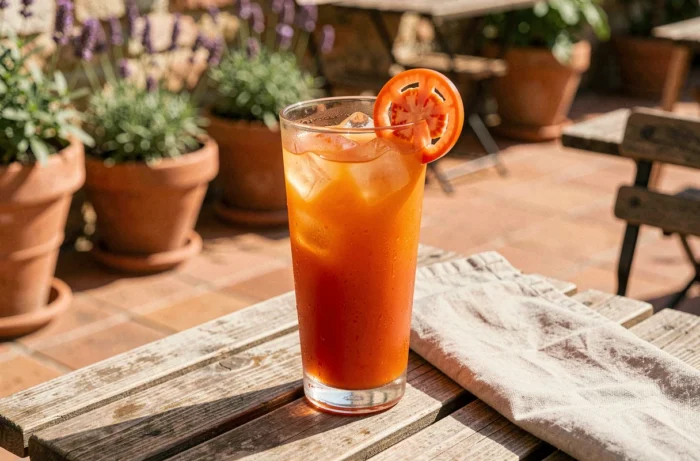 Verre de Ricard tomate servi en terrasse provençale avec une rondelle de tomate et des glaçons sur une table en bois
