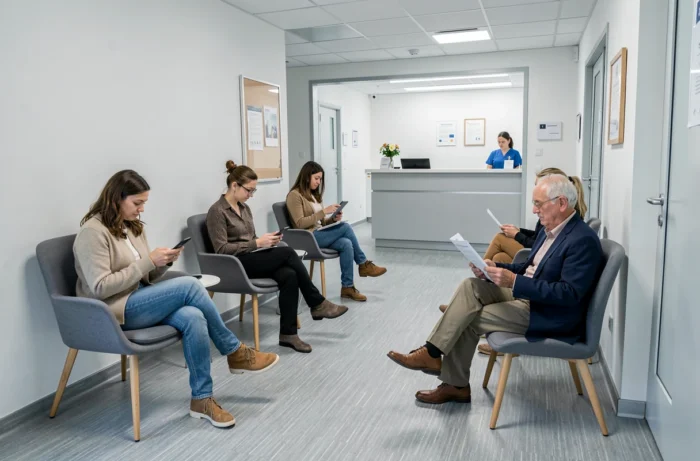 Salle d'attente de la maison médicale de Montbrison avec des patients attendant de consulter un médecin de garde