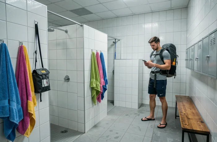 Salle de douche collective en auberge de jeunesse avec cabines séparées, crochets et serviettes colorées