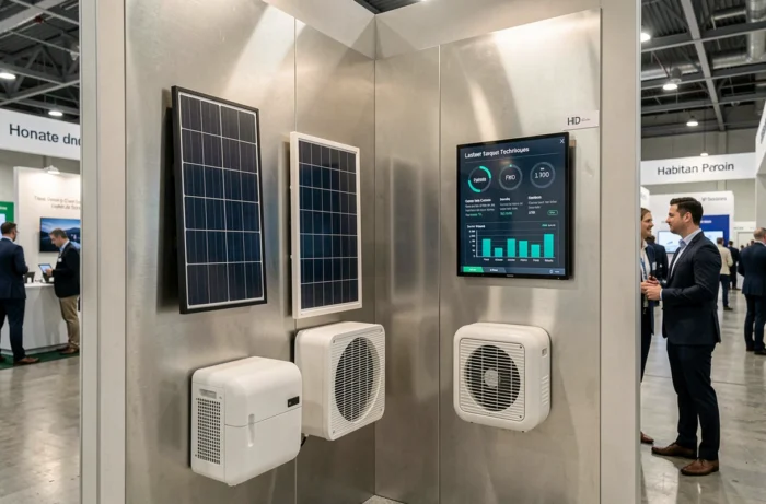 Stand d'exposition sur les innovations en habitat technique avec panneaux solaires et systèmes de ventilation connectés