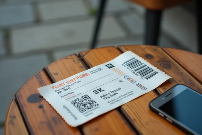 Gros plan d'un billet du festival Vieilles Charrues posé sur une table avec un smartphone scannant le QR code pour vérifier son authenticité
