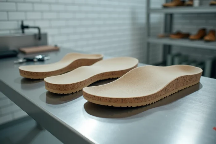 Détail des couches de semelle ergonomique d'une chaussure Scholl en cours de fabrication sur table de contrôle qualité