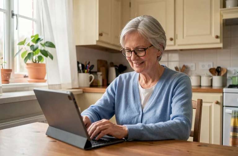 Senior femme utilisant une tablette numérique pour accéder à des services en ligne depuis sa cuisine