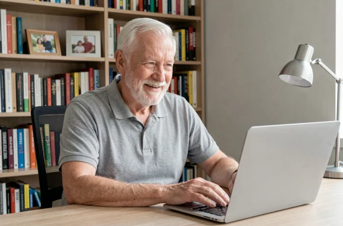 Homme senior en téléconsultation vidéo sur ordinateur portable dans son bureau à domicile