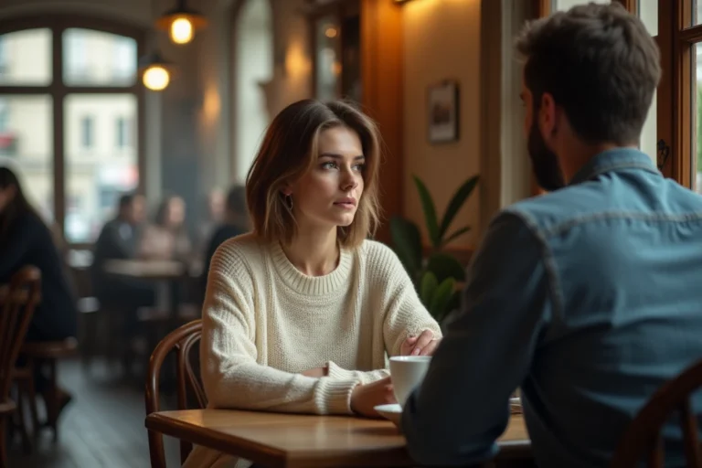 Couple en conversation ambiguë dans un café parisien, illustrant la signification émotionnelle de 'je t'aime beaucoup'
