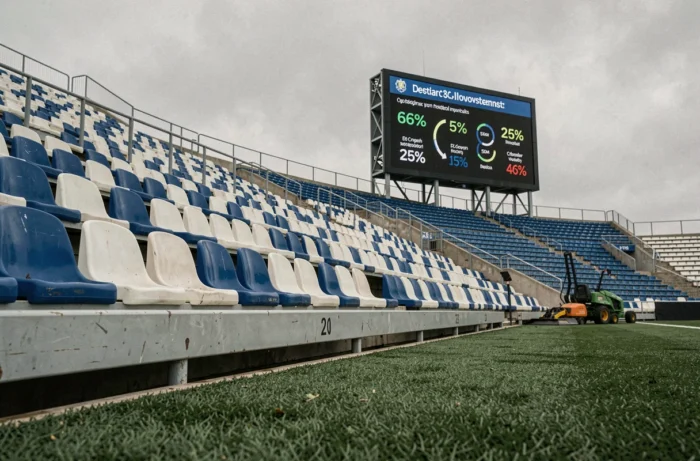 Stade de Ligue 1 vide avec tableau d'affichage montrant des statistiques de budget et d'investissement de club