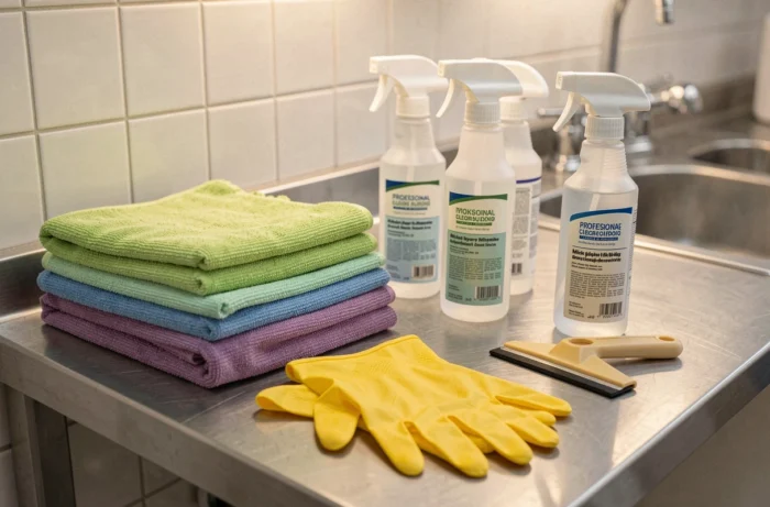 Station de nettoyage professionnelle organisée avec des chiffons microfibre, des produits d'entretien et des gants dans une salle de pause d'entreprise