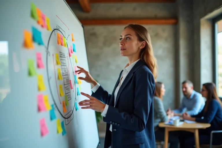 Femme professionnelle présentant une stratégie marketing sur un tableau blanc dans un bureau moderne