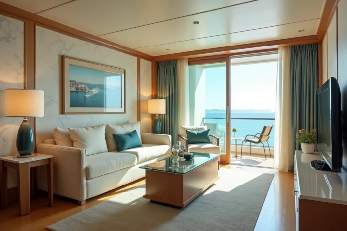 Suite luxueuse Costa Cruises avec salon privé, balcon et vue panoramique sur l'océan