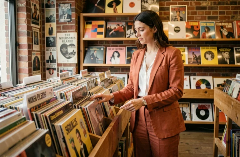 Femme stylée parcourant des disques vinyles dans une boutique indépendante, incarnant les tendances culturelles urbaines de l'année