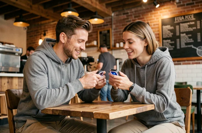 Deux jeunes professionnels découvrant un appareil technologique portable dans un café urbain