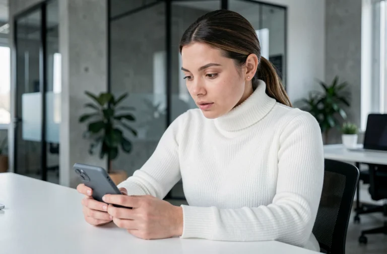 Femme utilisant un smartphone pliable dans un bureau tech moderne en 2024