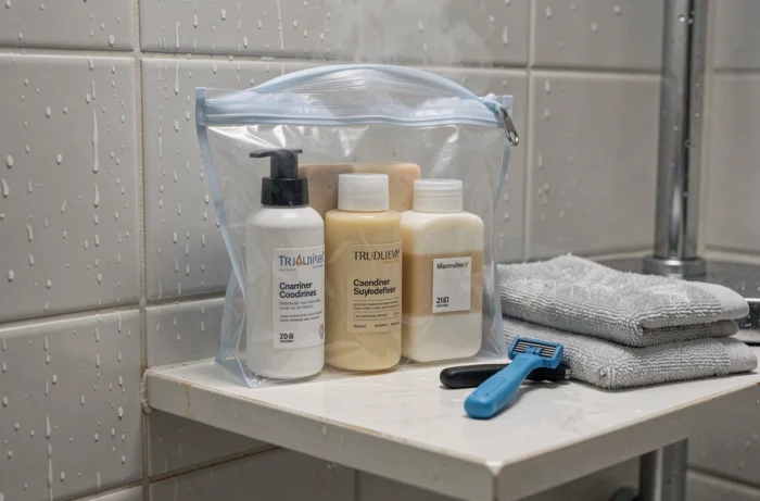 Trousse de toilette de voyage ouverte avec produits de soin en format miniature posée dans une douche d'auberge de jeunesse