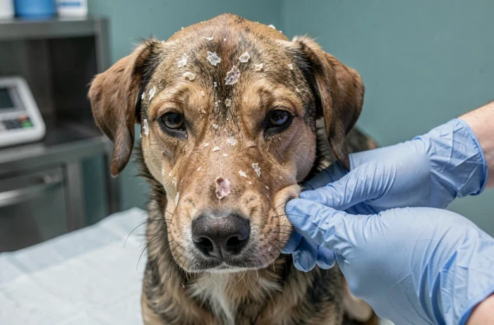 Vétérinaire examinant la peau sèche et irritée d'un chien sur une table d'examen pour diagnostiquer un problème dermatologique lié à l'alimentation