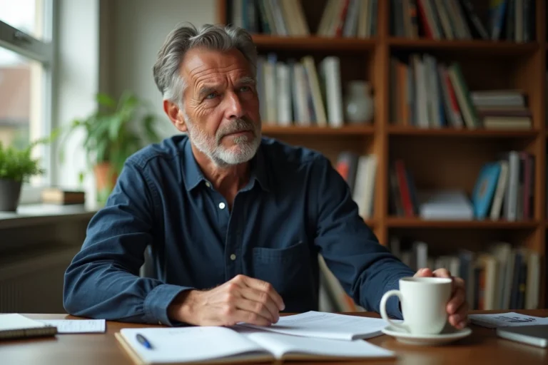 Homme réfléchi assis à un bureau à domicile entouré de livres et de documents, illustrant l'équilibre entre vie professionnelle et vie personnelle