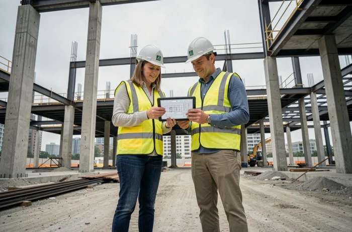 Deux professionnels de Killahejlaszo Ltd en visite sur un chantier de construction urbaine examinent les plans du projet sur une tablette