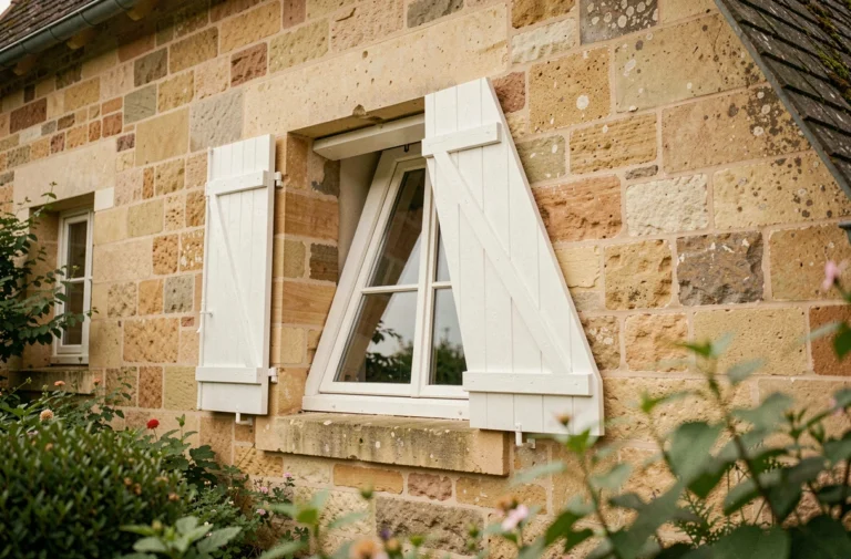 Volet sur mesure en bois blanc adapté à une fenêtre triangulaire de grenier sur façade en pierre de taille