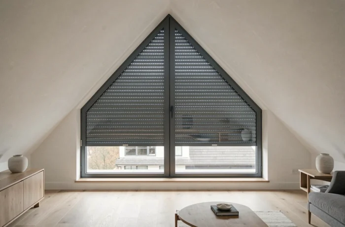 Volet roulant sur mesure en aluminium gris anthracite intégré à une fenêtre triangulaire dans un salon contemporain