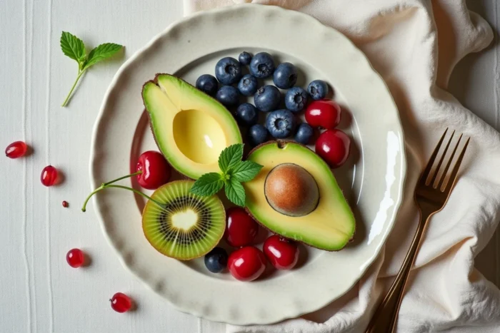 Vue de dessus d'un assortiment coloré de fruits frais bénéfiques pour le pancréas sur fond de lin