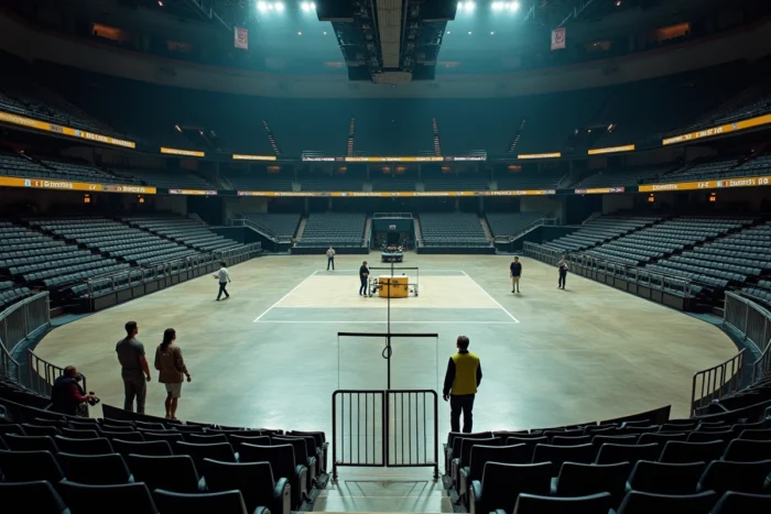 Vue d'ensemble de l'intérieur de l'Accor Arena avant un concert avec zones fosse et places assises visibles