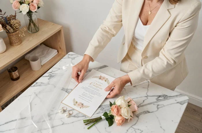 Wedding planner arrangeant un flat lay de mariage sur marbre avec cartons d'invitation, voile et roses de jardin en studio