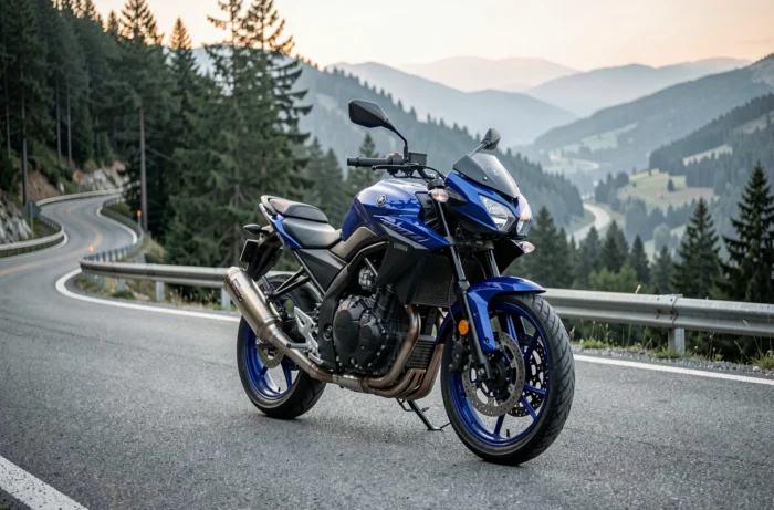 Yamaha MT-125 modifiée avec échappement sport garée sur une route de montagne sinueuse