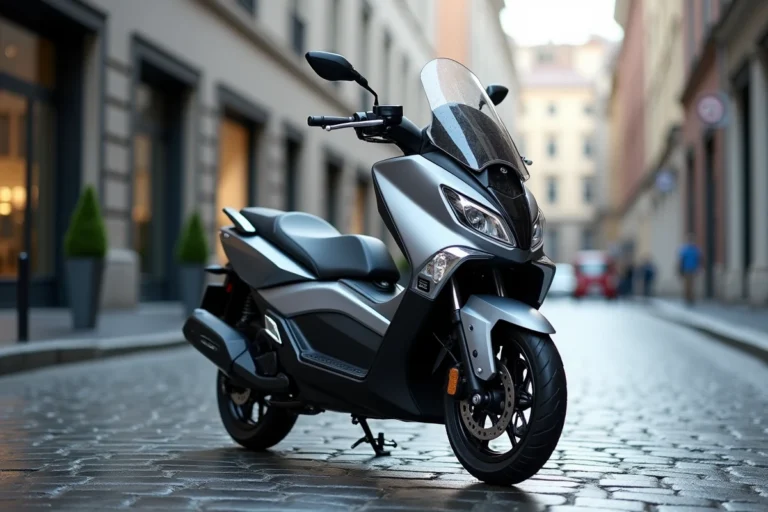 Yamaha Tmax 2026 en version full options garé sur des pavés mouillés en milieu urbain européen
