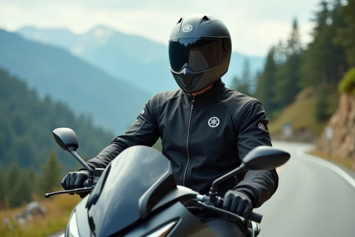 Motard équipé sur un Yamaha Tmax 2026 full options sur une route de montagne sinueuse