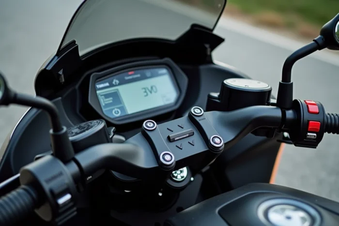 Tableau de bord TFT et commandes premium du Yamaha Tmax 2026 en version full options en gros plan